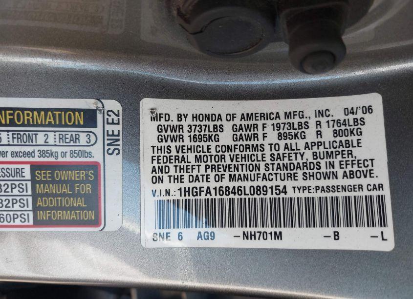 Photo 9 of 2006 Honda Civic EX (VIN 1HGFA16846L089154)