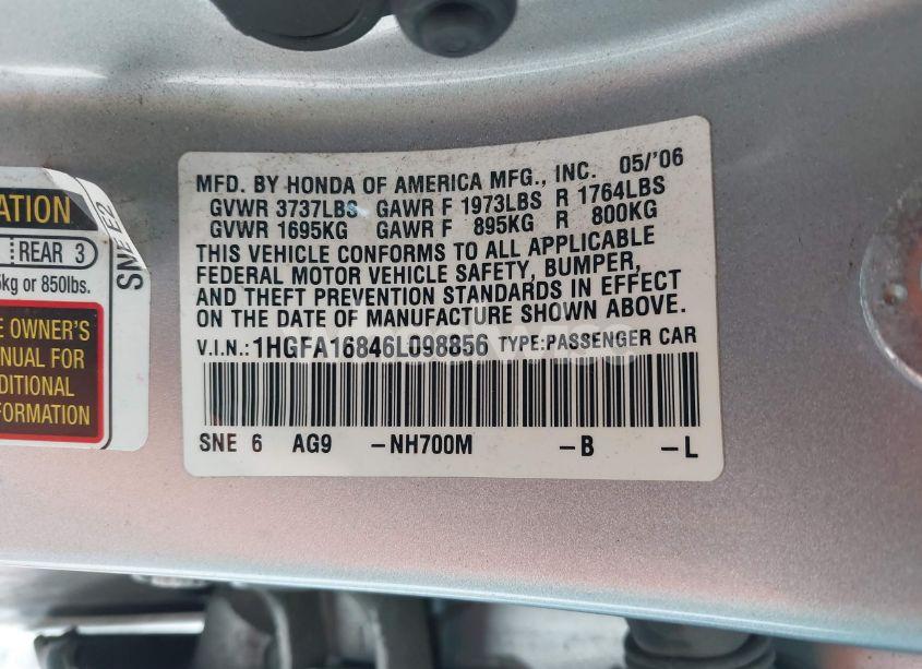 Photo 9 of 2006 Honda Civic EX (VIN 1HGFA16846L098856)