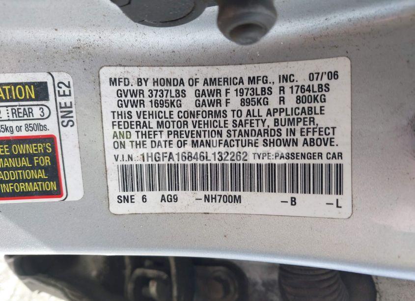 Photo 9 of 2006 Honda Civic EX (VIN 1HGFA16846L132262)