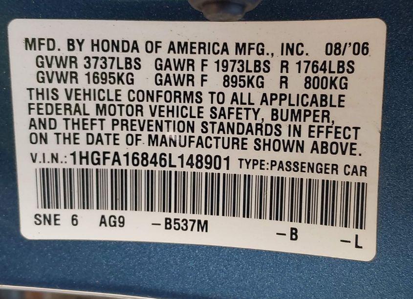 Photo 9 of 2006 Honda Civic EX (VIN 1HGFA16846L148901)