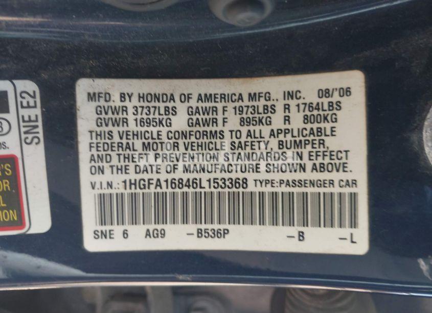 Photo 9 of 2006 Honda Civic EX (VIN 1HGFA16846L153368)