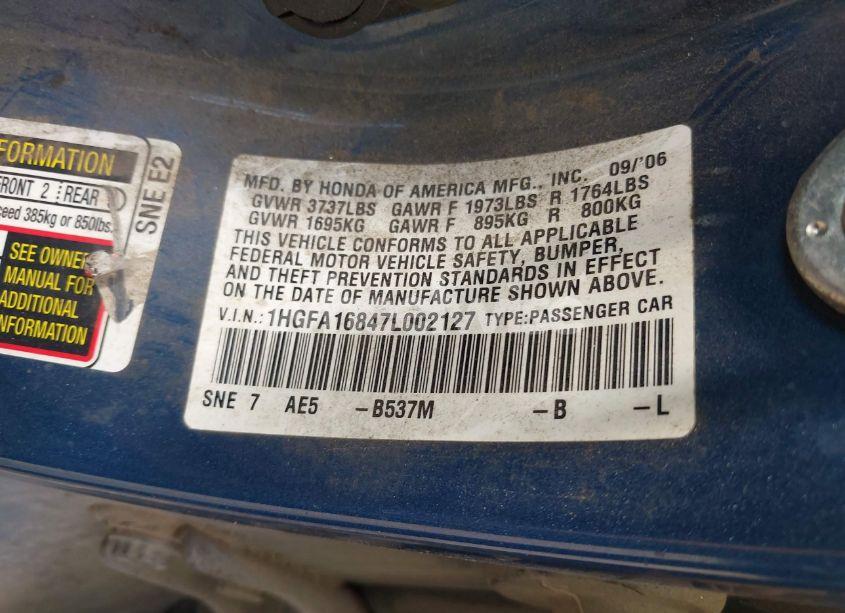 Photo 9 of 2007 Honda Civic EX (VIN 1HGFA16847L002127)