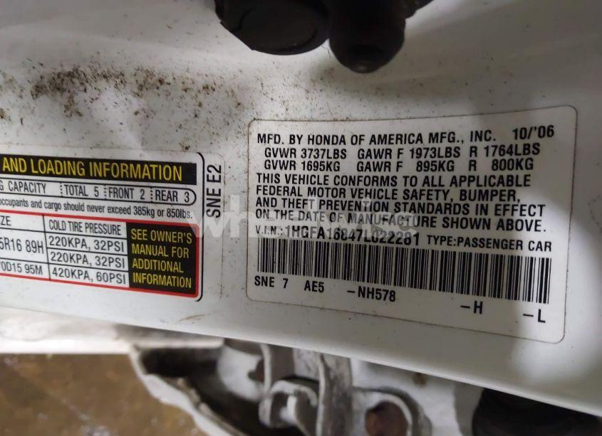 Photo 9 of 2007 Honda Civic EX (VIN 1HGFA16847L022281)