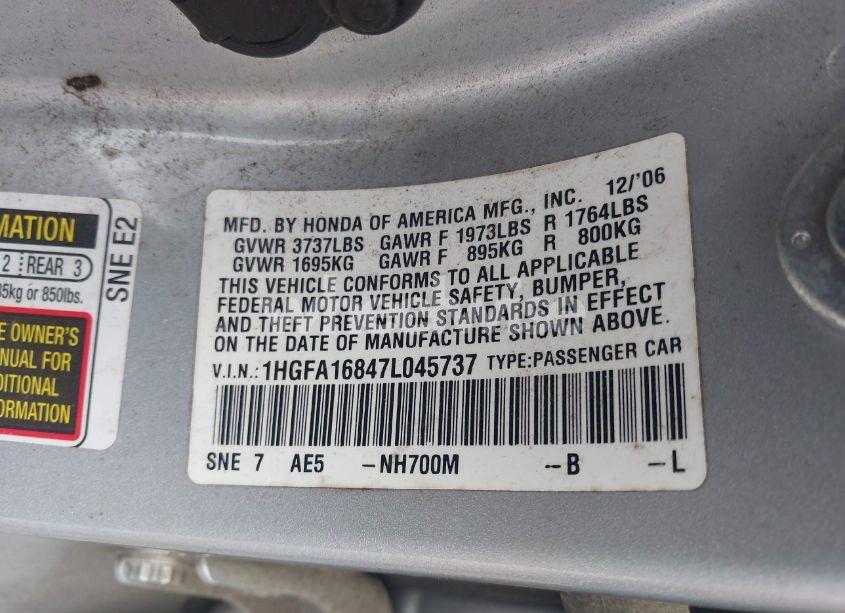 Photo 9 of 2007 Honda Civic EX (VIN 1HGFA16847L045737)