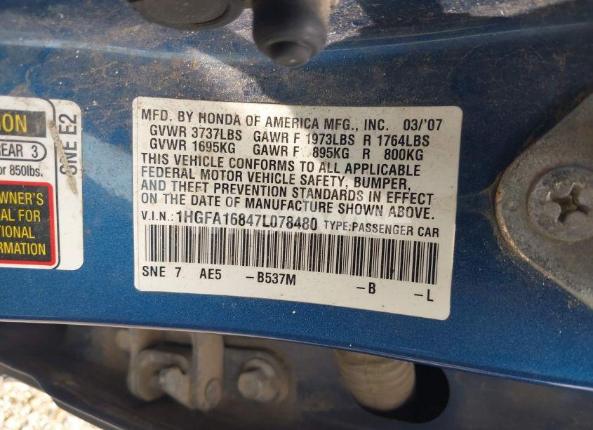 Photo 9 of 2007 Honda Civic EX (VIN 1HGFA16847L078480)