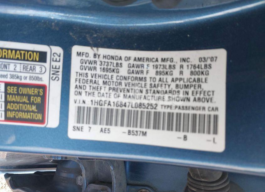 Photo 9 of 2007 Honda Civic EX (VIN 1HGFA16847L085252)