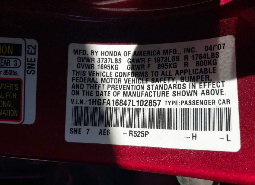 Photo 9 of 2007 Honda Civic EX (VIN 1HGFA16847L102857)