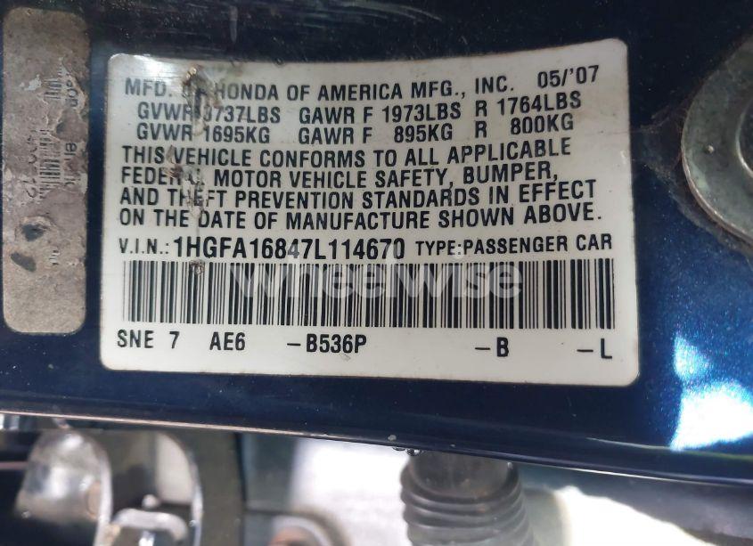 Photo 9 of 2007 Honda Civic EX (VIN 1HGFA16847L114670)