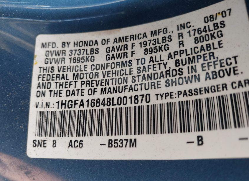Photo 9 of 2008 Honda Civic EX (VIN 1HGFA16848L001870)