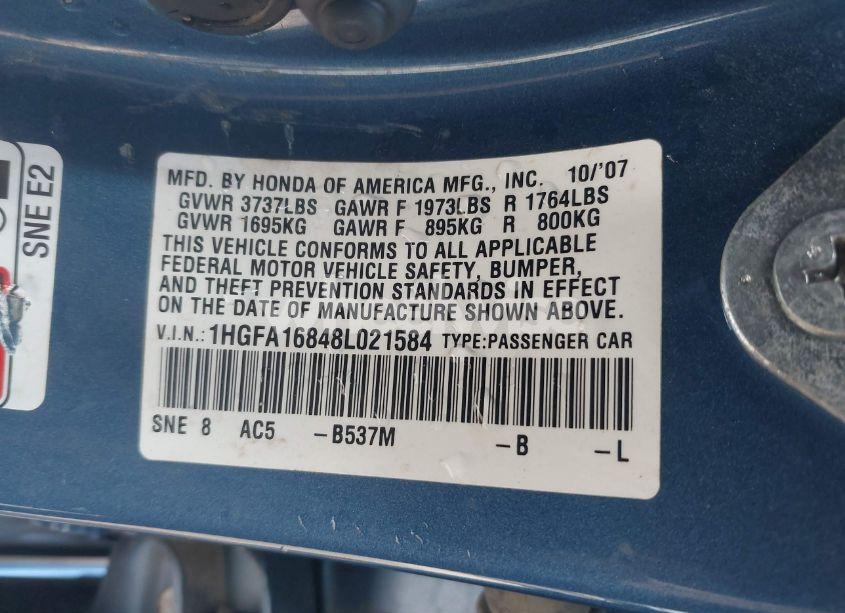 Photo 9 of 2008 Honda Civic EX (VIN 1HGFA16848L021584)