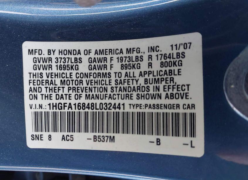 Photo 9 of 2008 Honda Civic EX (VIN 1HGFA16848L032441)