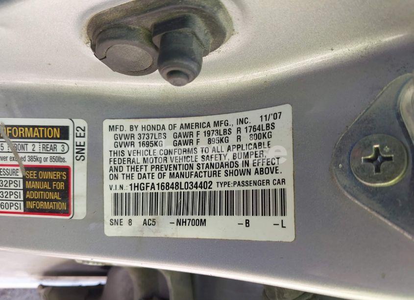 Photo 9 of 2008 Honda Civic EX (VIN 1HGFA16848L034402)