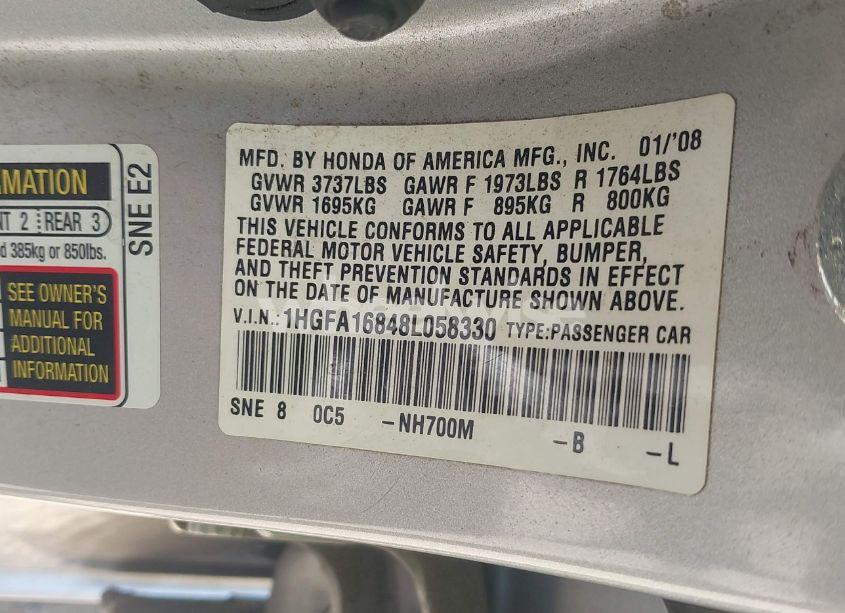 Photo 9 of 2008 Honda Civic EX (VIN 1HGFA16848L058330)