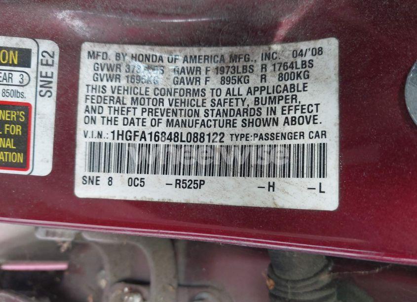 Photo 9 of 2008 Honda Civic EX (VIN 1HGFA16848L088122)