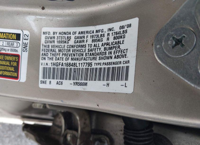 Photo 9 of 2008 Honda Civic EX (VIN 1HGFA16848L117795)