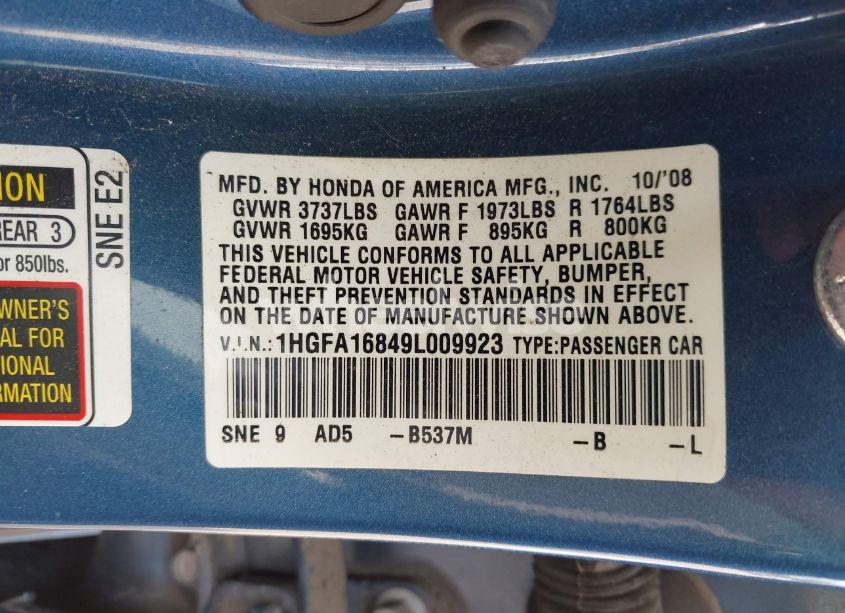 Photo 9 of 2009 Honda Civic EX (VIN 1HGFA16849L009923)