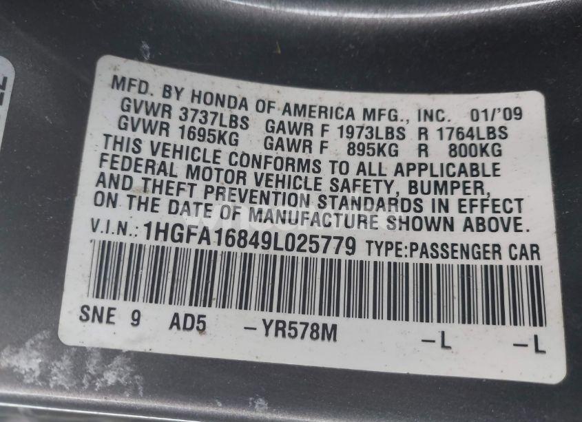 Photo 9 of 2009 Honda Civic EX (VIN 1HGFA16849L025779)