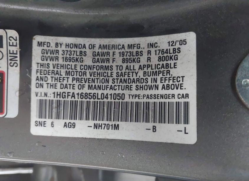 Photo 9 of 2006 Honda Civic EX (VIN 1HGFA16856L041050)