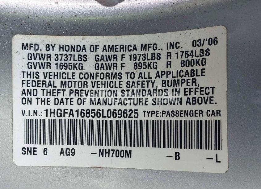 Photo 9 of 2006 Honda Civic EX (VIN 1HGFA16856L069625)