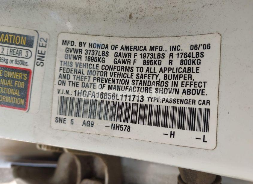 Photo 9 of 2006 Honda Civic EX (VIN 1HGFA16856L111713)