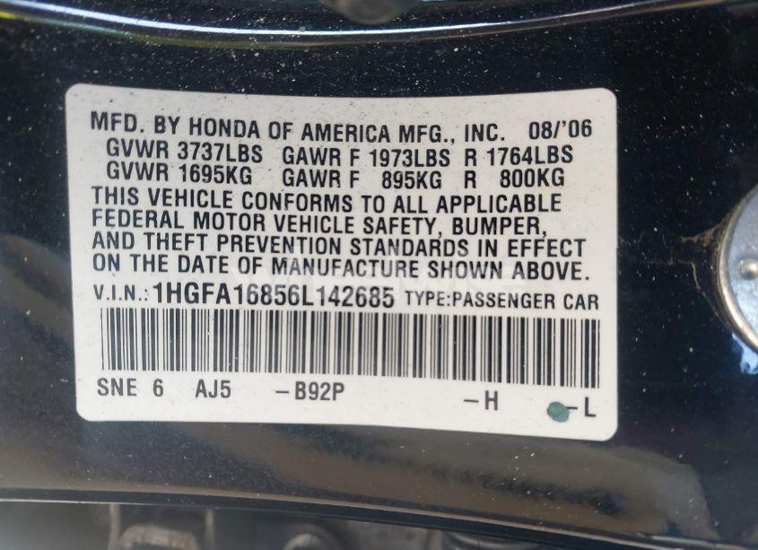 Photo 9 of 2006 Honda Civic EX (VIN 1HGFA16856L142685)
