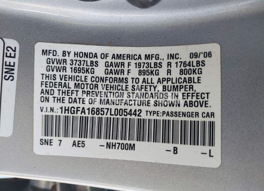 Photo 9 of 2007 Honda Civic EX (VIN 1HGFA16857L005442)