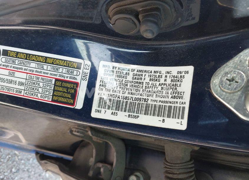 Photo 9 of 2007 Honda Civic EX (VIN 1HGFA16857L009782)