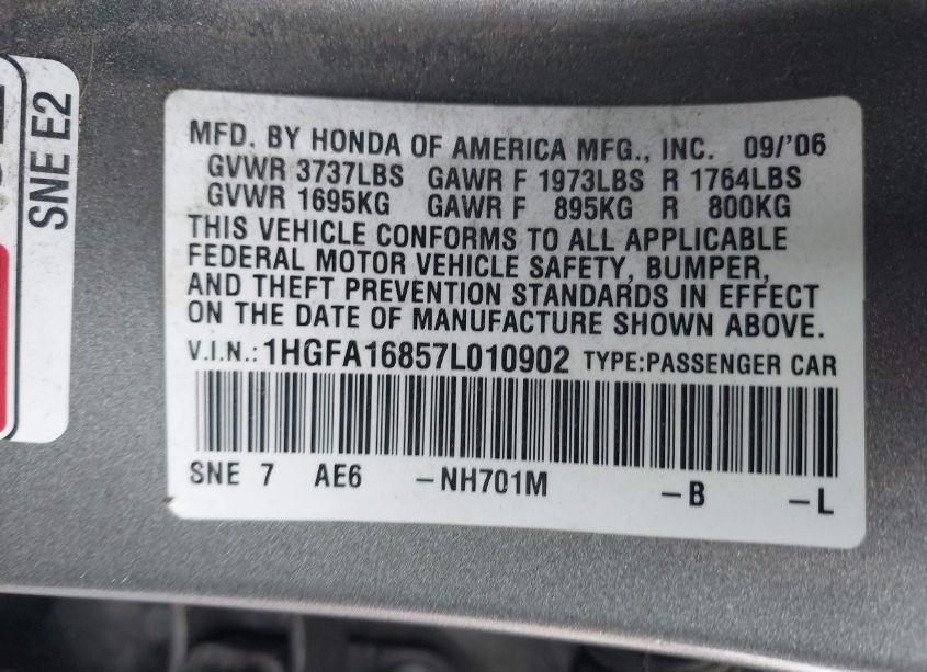 Photo 9 of 2007 Honda Civic EX (VIN 1HGFA16857L010902)