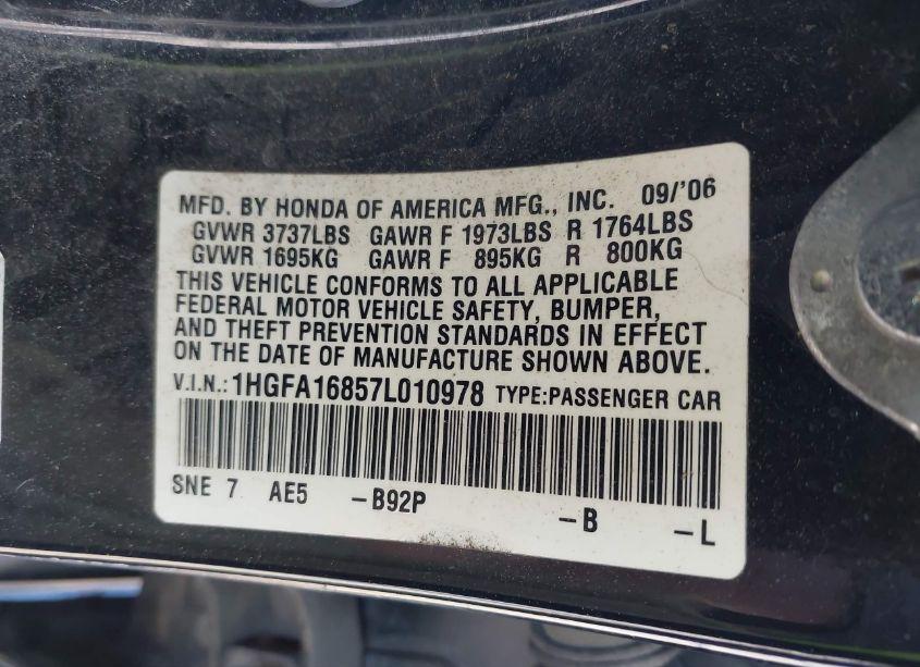 Photo 9 of 2007 Honda Civic EX (VIN 1HGFA16857L010978)
