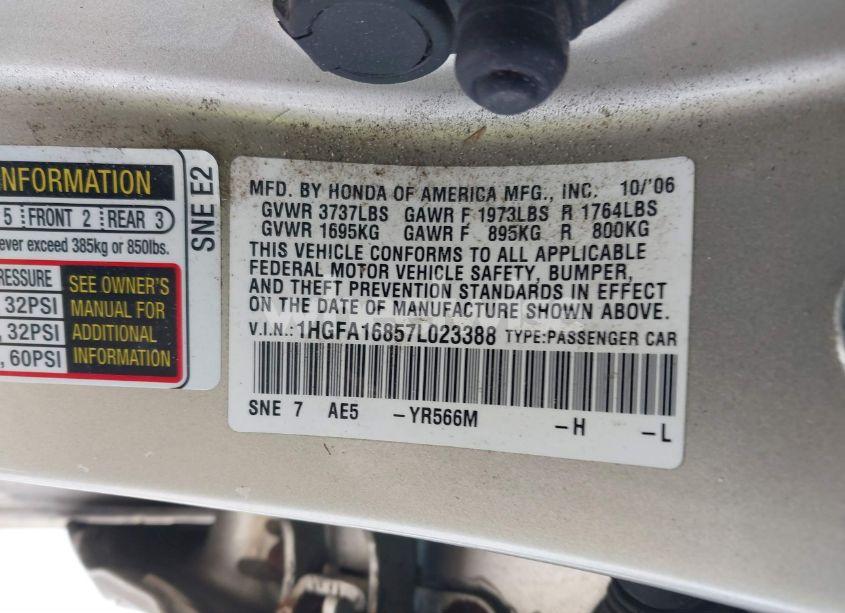 Photo 9 of 2007 Honda Civic EX (VIN 1HGFA16857L023388)