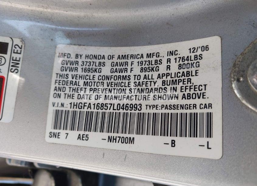 Photo 9 of 2007 Honda Civic EX (VIN 1HGFA16857L046993)