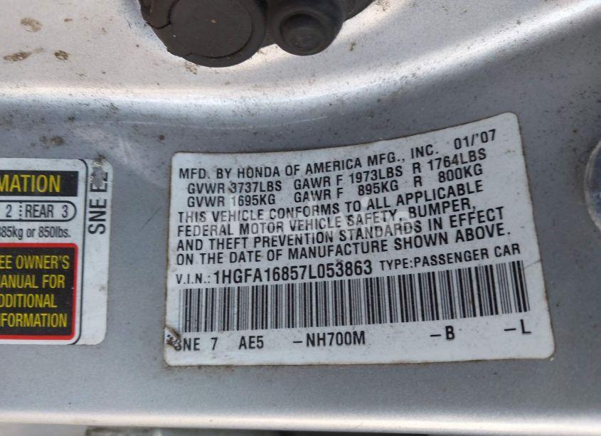 Photo 9 of 2007 Honda Civic EX (VIN 1HGFA16857L053863)