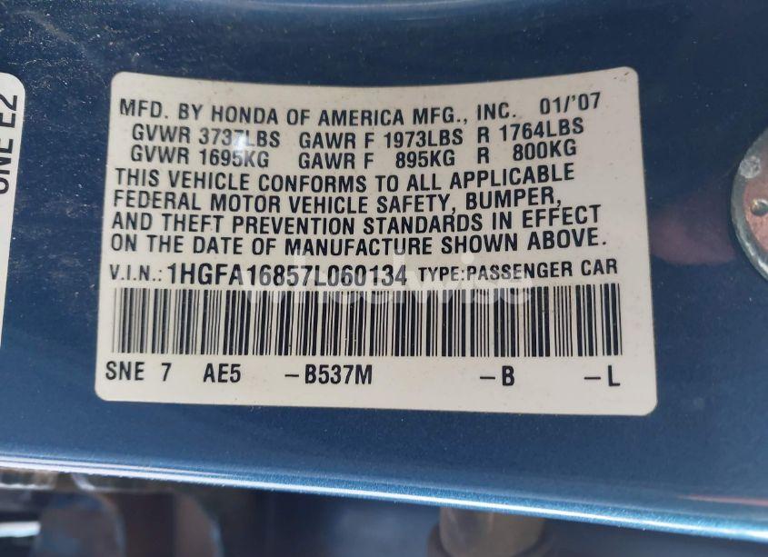 Photo 9 of 2007 Honda Civic EX (VIN 1HGFA16857L060134)