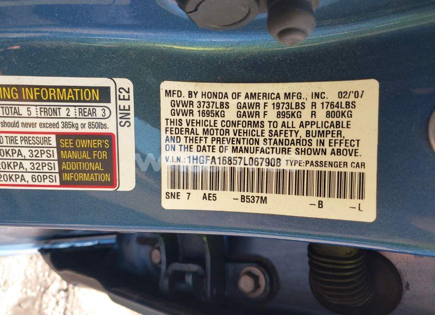 Photo 9 of 2007 Honda Civic EX (VIN 1HGFA16857L067908)