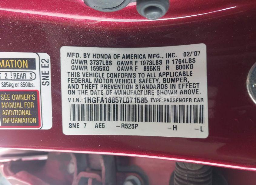 Photo 9 of 2007 Honda Civic EX (VIN 1HGFA16857L071585)