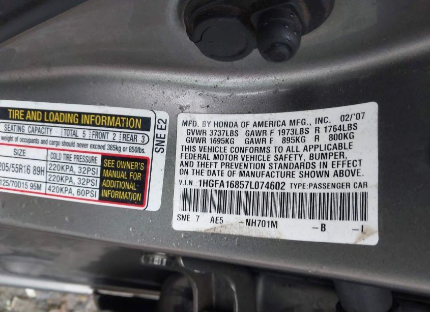 Photo 9 of 2007 Honda Civic EX (VIN 1HGFA16857L074602)