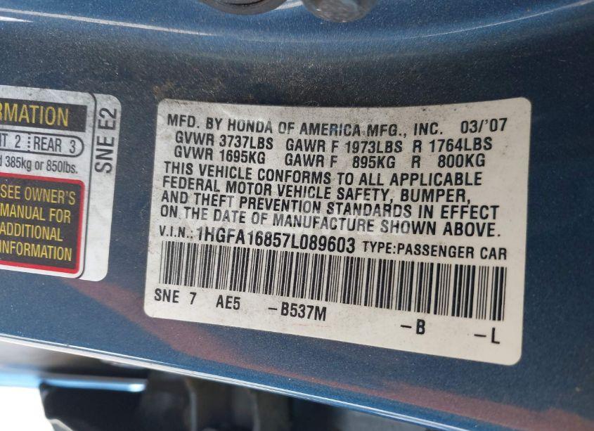 Photo 9 of 2007 Honda Civic EX (VIN 1HGFA16857L089603)