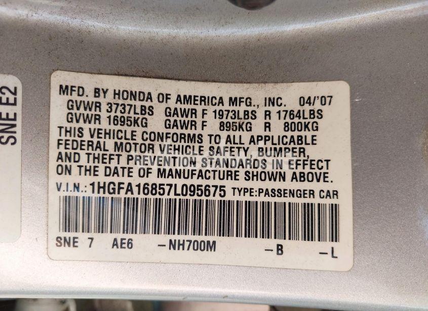 Photo 9 of 2007 Honda Civic EX (VIN 1HGFA16857L095675)
