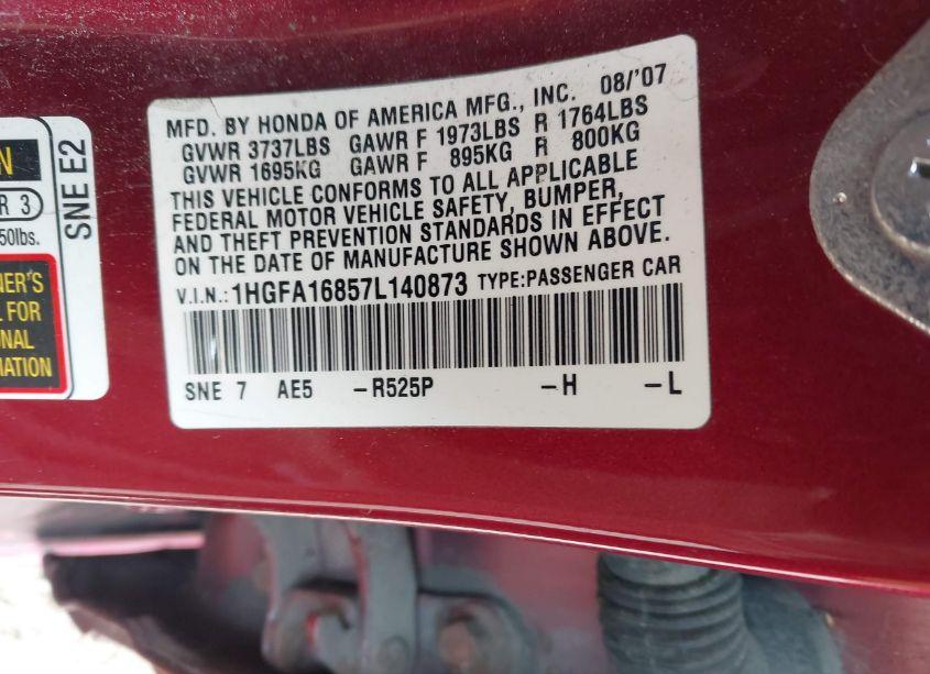 Photo 9 of 2007 Honda Civic EX (VIN 1HGFA16857L140873)