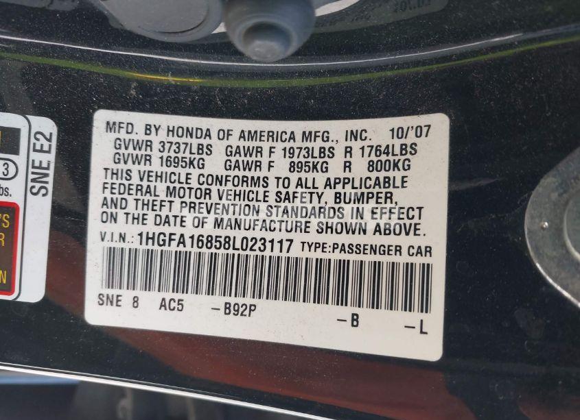 Photo 9 of 2008 Honda Civic EX (VIN 1HGFA16858L023117)