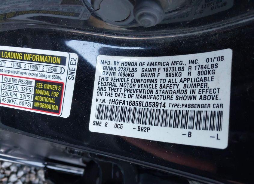 Photo 9 of 2008 Honda Civic EX (VIN 1HGFA16858L053914)
