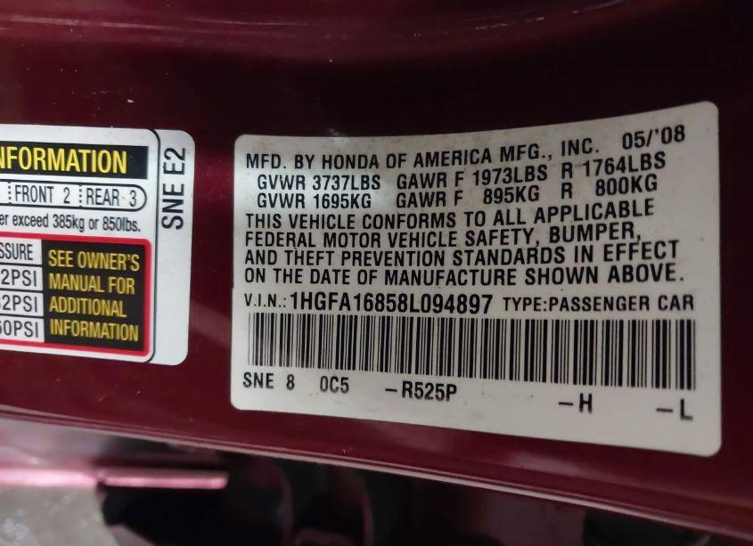 Photo 9 of 2008 Honda Civic EX (VIN 1HGFA16858L094897)