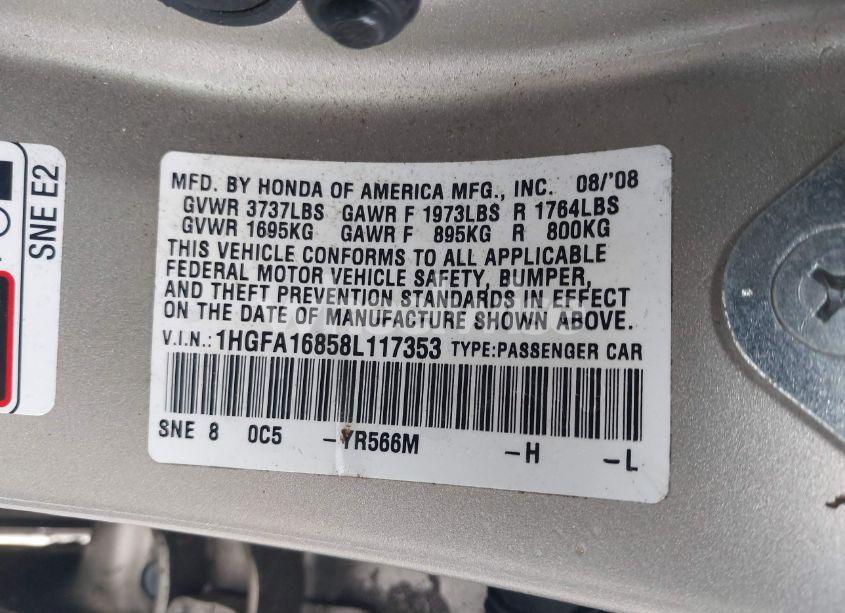 Photo 9 of 2008 Honda Civic EX (VIN 1HGFA16858L117353)