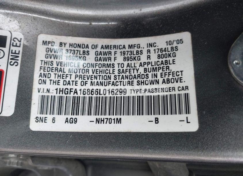 Photo 9 of 2006 Honda Civic EX (VIN 1HGFA16866L016299)
