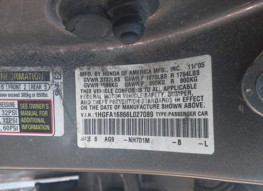 Photo 9 of 2006 Honda Civic EX (VIN 1HGFA16866L027089)