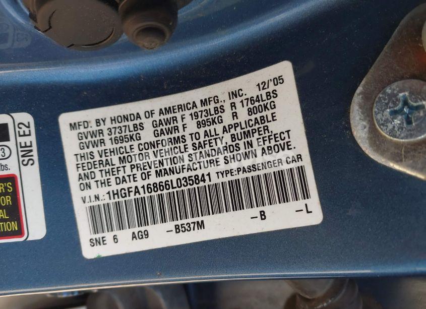 Photo 9 of 2006 Honda Civic EX (VIN 1HGFA16866L035841)