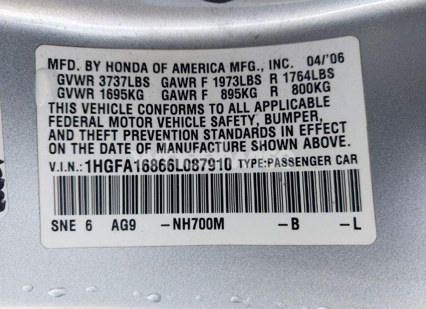 Photo 9 of 2006 Honda Civic EX (VIN 1HGFA16866L087910)