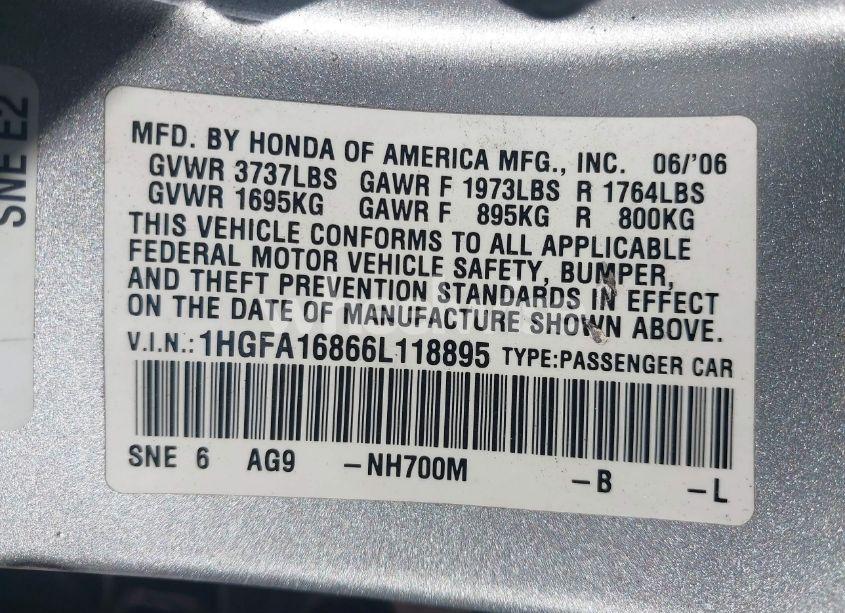 Photo 9 of 2006 Honda Civic EX (VIN 1HGFA16866L118895)