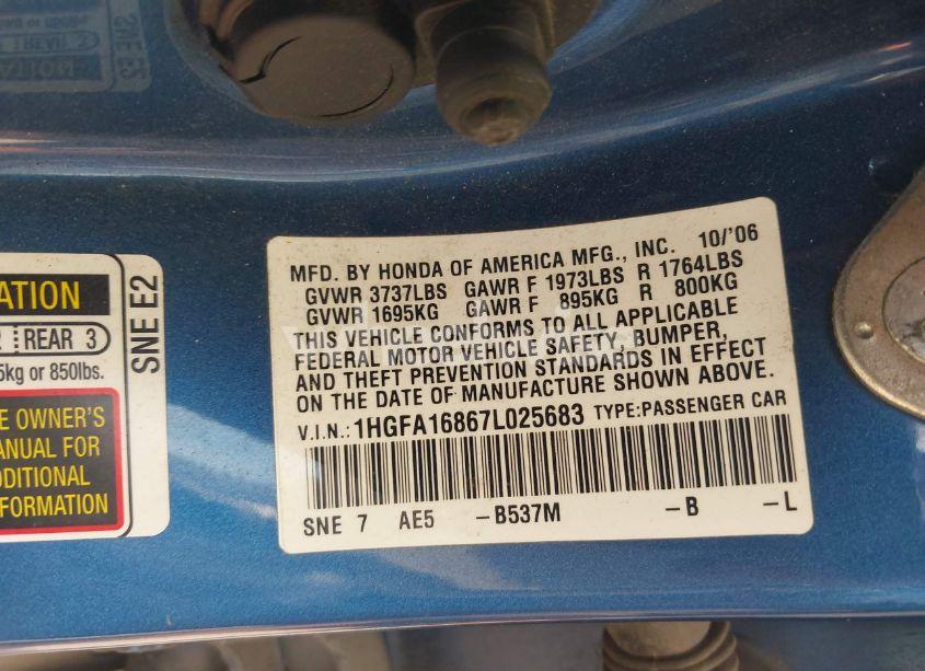Photo 9 of 2007 Honda Civic EX (VIN 1HGFA16867L025683)