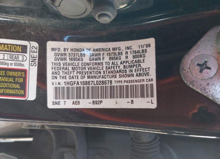 Photo 9 of 2007 Honda Civic EX (VIN 1HGFA16867L028678)